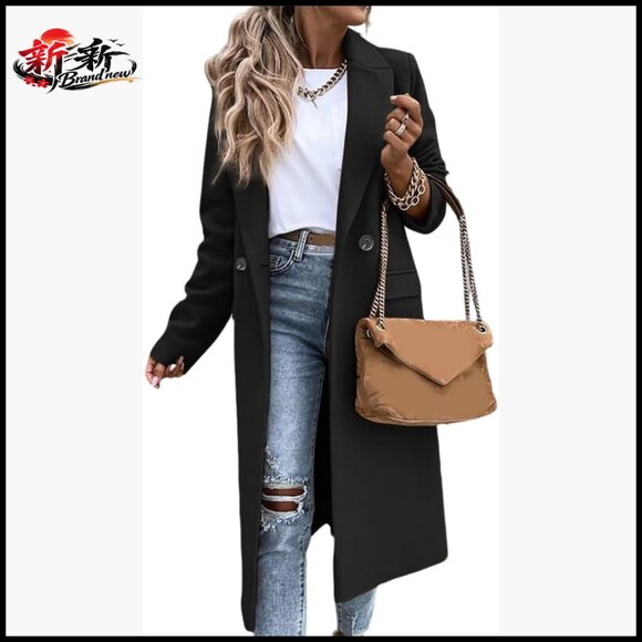 Long Wool Blend Pea Coat with Notch Lapel Below Knee Length